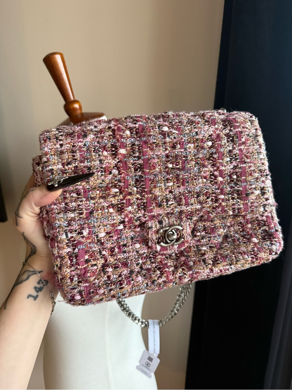 Pink Tweed Classic Flap Bag with Silver Chain